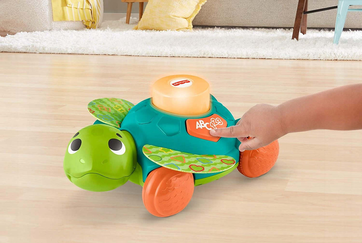 FISHER-PRICE GXK35 interaktywny żółw j.niemiecki, zielona zabawka edukacyjna z przyciskami ABC i świecącą kopułą