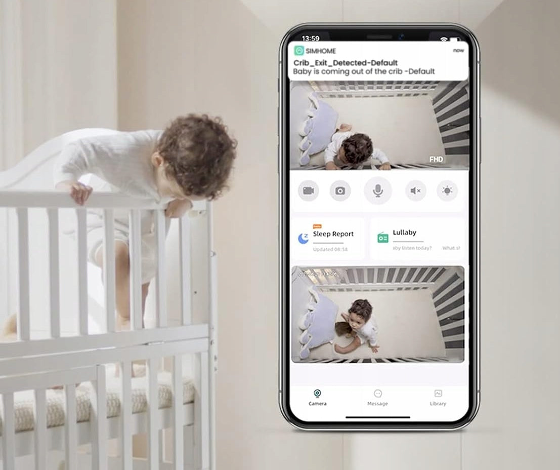 SIMSHINE Baby Pro kamera 2K FHD 360° elektronická pestúnka iOS Android + držiak
