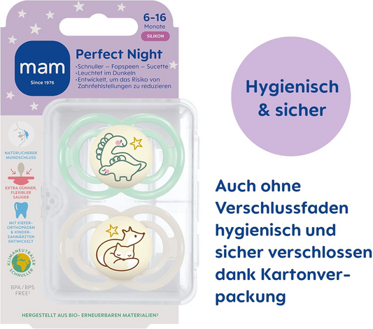 MAM Perfect Night chupete calmante x2 6-16 meses + caja BRILLA EN LA OSCURIDAD