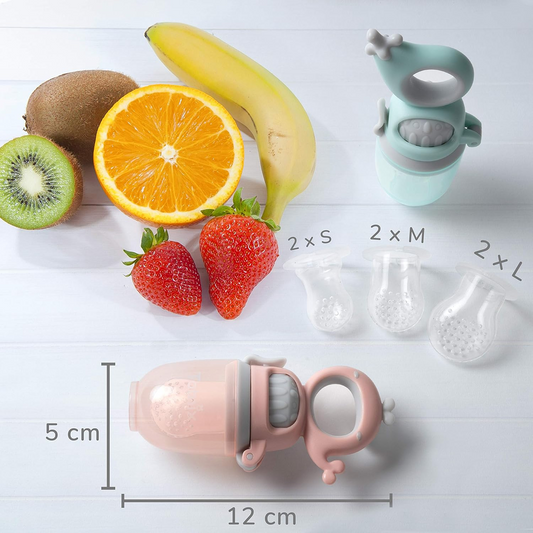 TABRIX grizalo z dozirnikom za sadje za otroke 3 m+ 2 kosa 6 nastavkov