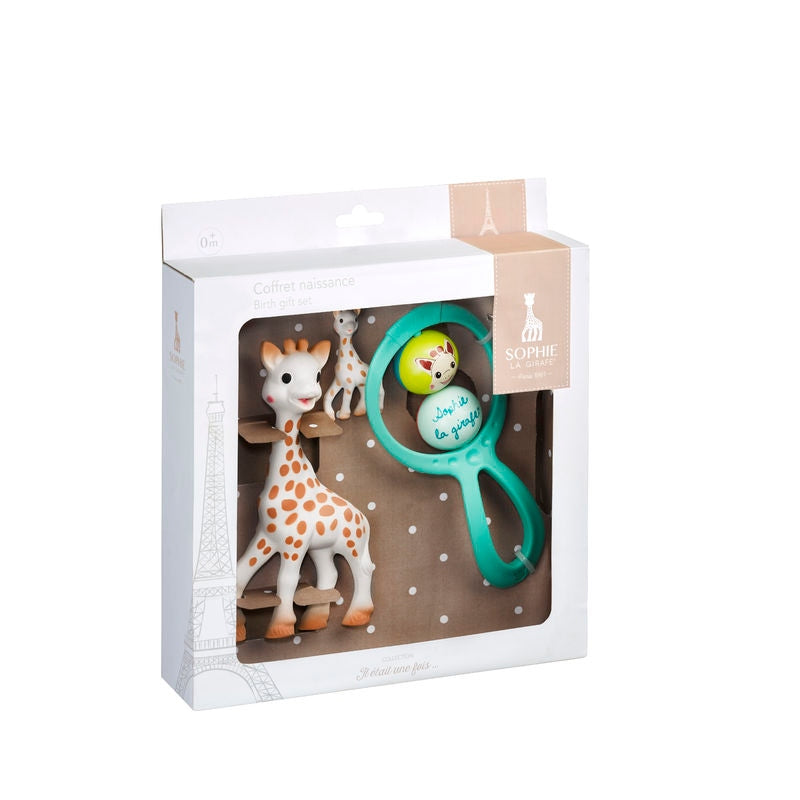 Girafa Sophie set pentru bebeluși, inel gingival natural, zornăitoare, agățătoare