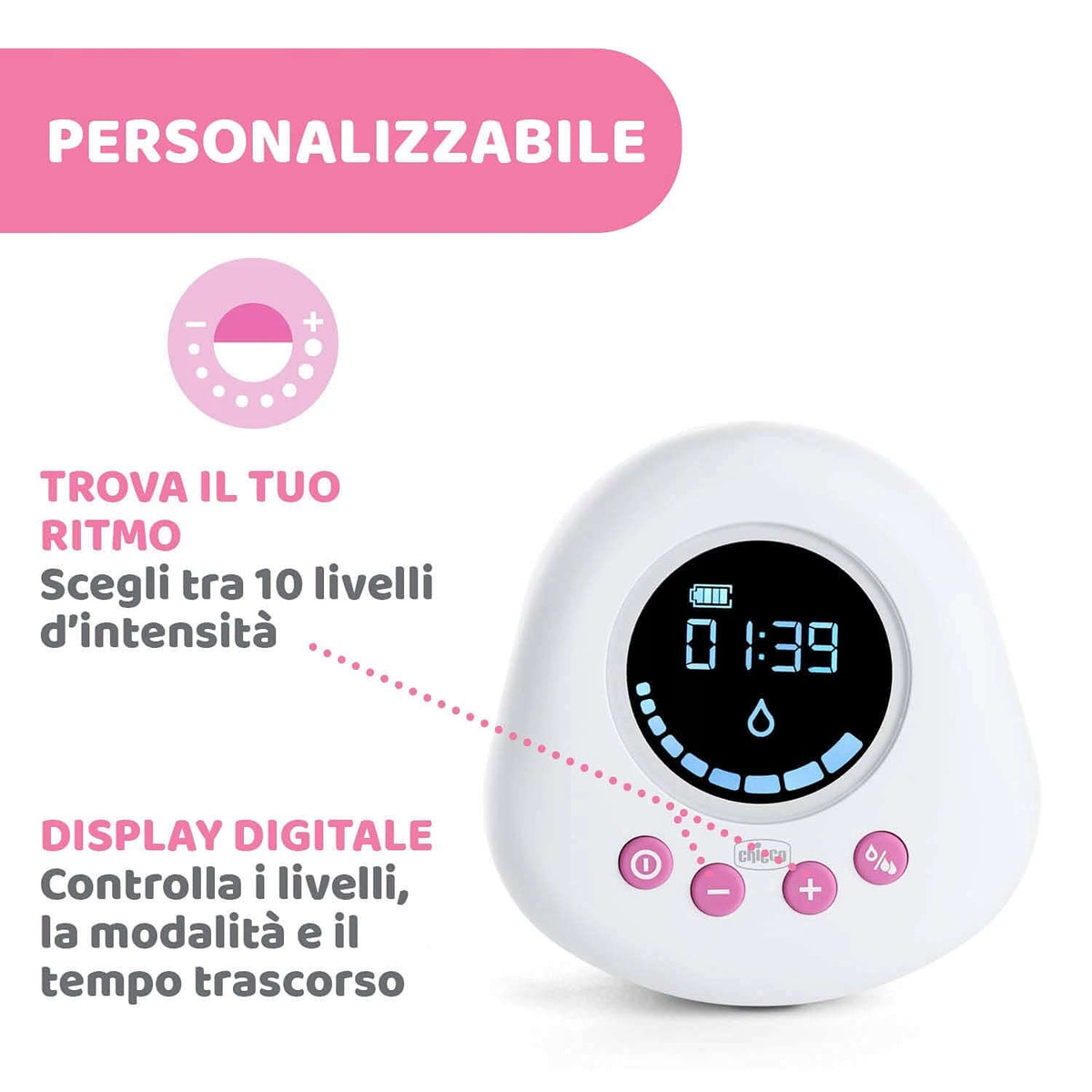 CHICCO Naturally laktator elektryczny różowy, personalizowany, 10 poziomów intensywności i cyfrowy wyświetlacz