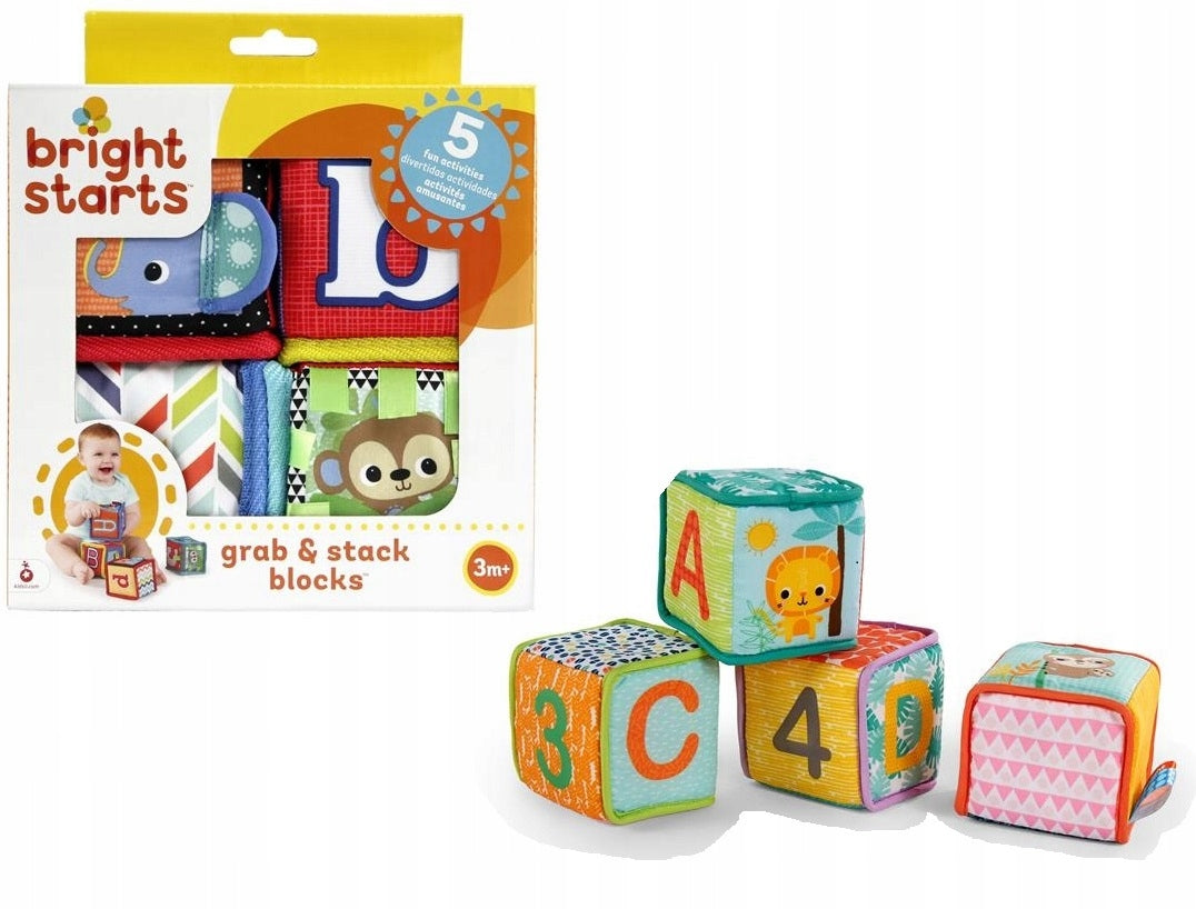 BRIGHT STARTS miękkie klocki edukacyjne GRAB & STACK, sensoryczne klocki 3m+ w pudełku