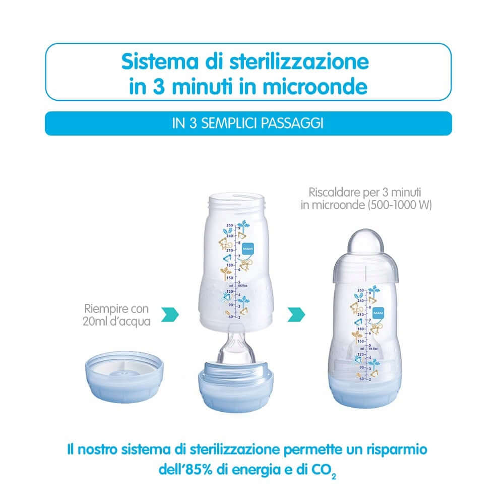 MAM Easy Start butelka antykolkowa 260ml 2m+ z systemem sterylizacji w mikrofalówce w 3 minuty