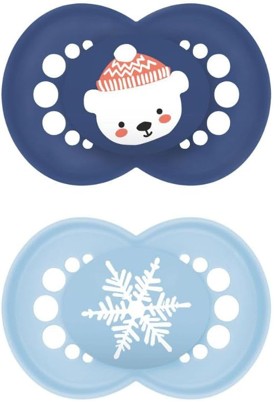 MAM Original Winter 6–16m – dwa niebieskie smoczki z zimowymi motywami
