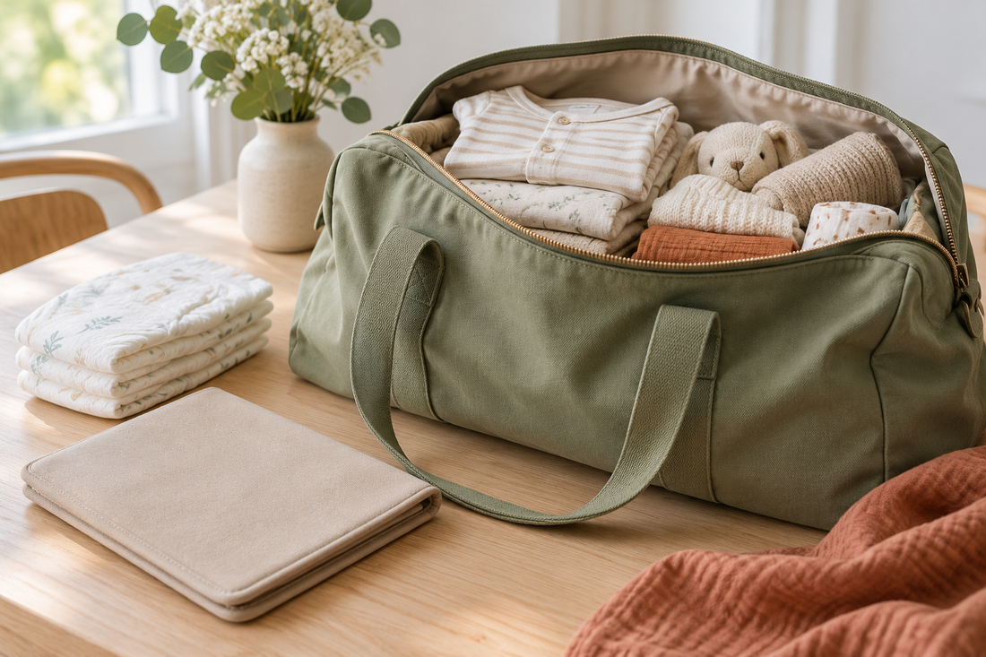 Borsa da viaggio aperta, vestitini piegati, pannolini e custodia chiusa per i documenti su un tavolo chiaro.