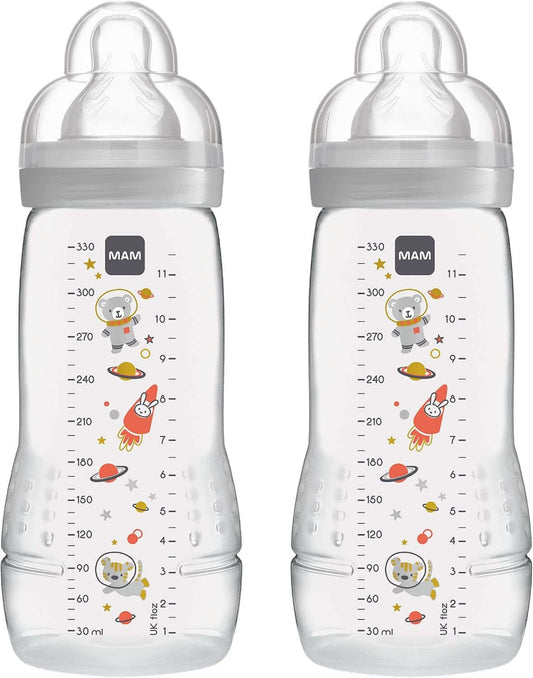 MAM Easy Active zestaw butelek 330 ml 4 m+ smoczek 2 KOSMOS, 2 butelki antykolkowe z miarką