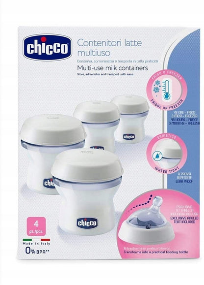 CHICCO pojemniki na mleko 4 x 150 ml + smoczek z nakrętką