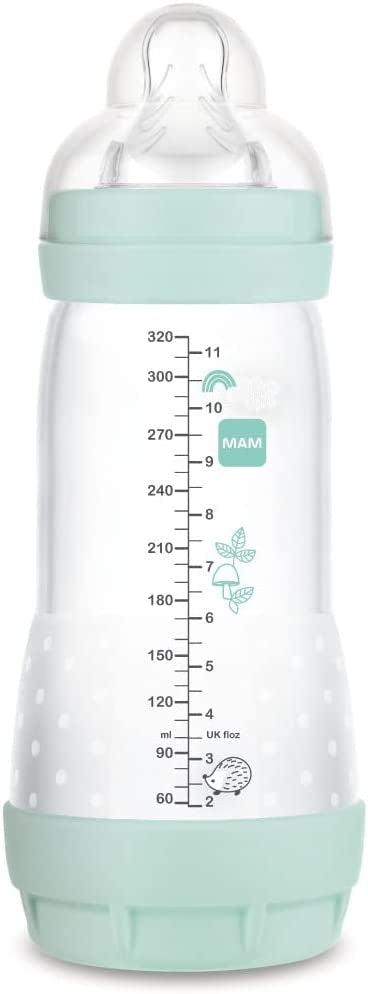 Butelka MAM Easy Start z mi�tow� podstaw�, smoczkiem i widoczn� skal� do 320 ml.