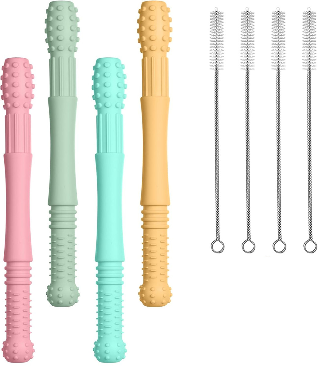 VICLOON Silikon-Beißring mit Massagefunktion 4 Stück + 4 Reinigungsbürsten 17 cm