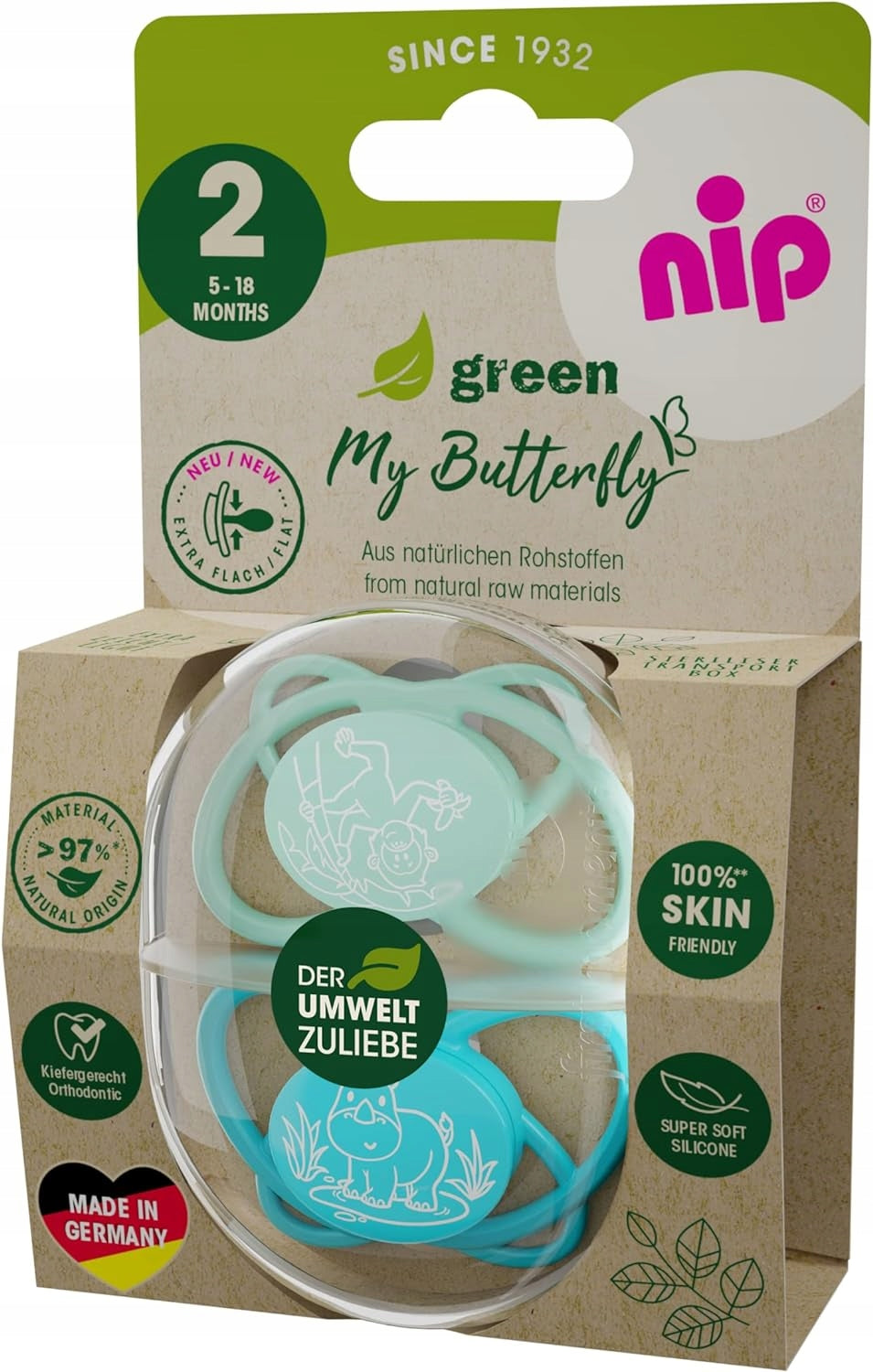 NIP My Butterfly GREEN smoczek uspokajający x2 5-18msc, silikonowy, wolny od BPA i BPS, zielony