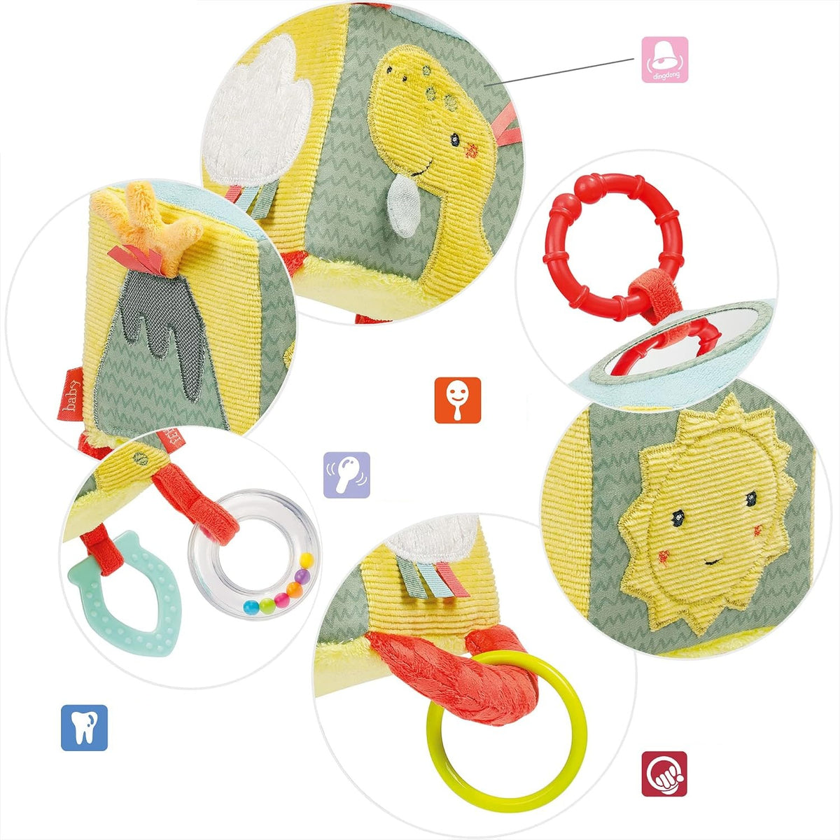 FEHN Happy Dino peluche colgante cubo con sonajero 10 x 10 cm