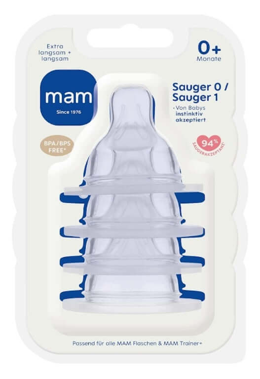 MAM smoczek do butelek 0+ (r.1) wolny przepływ x4, silikonowy smoczek antykolkowy do butelek MAM