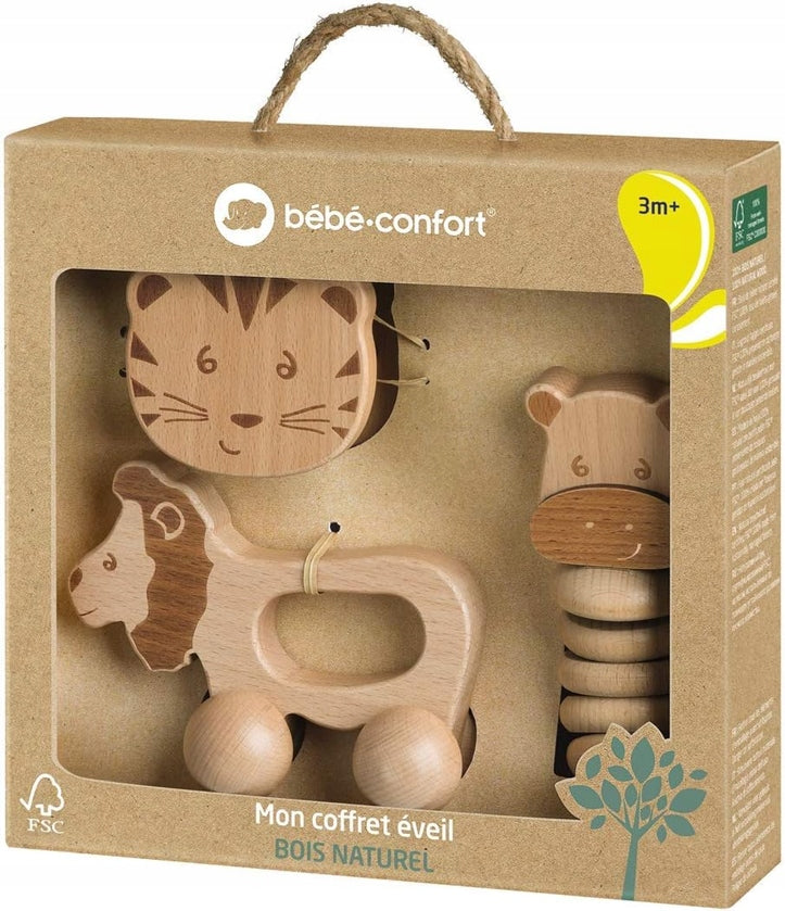 BEBE CONFORT set de jucării din lemn cu zornăitoare, 3 luni+