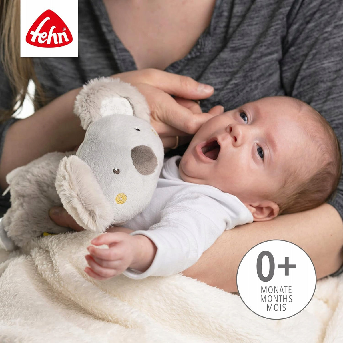 FEHN pluszowy KOALA TERMOFOR dla niemowląt 0+, miękki szary ogrzewacz koala z pestkami winogron