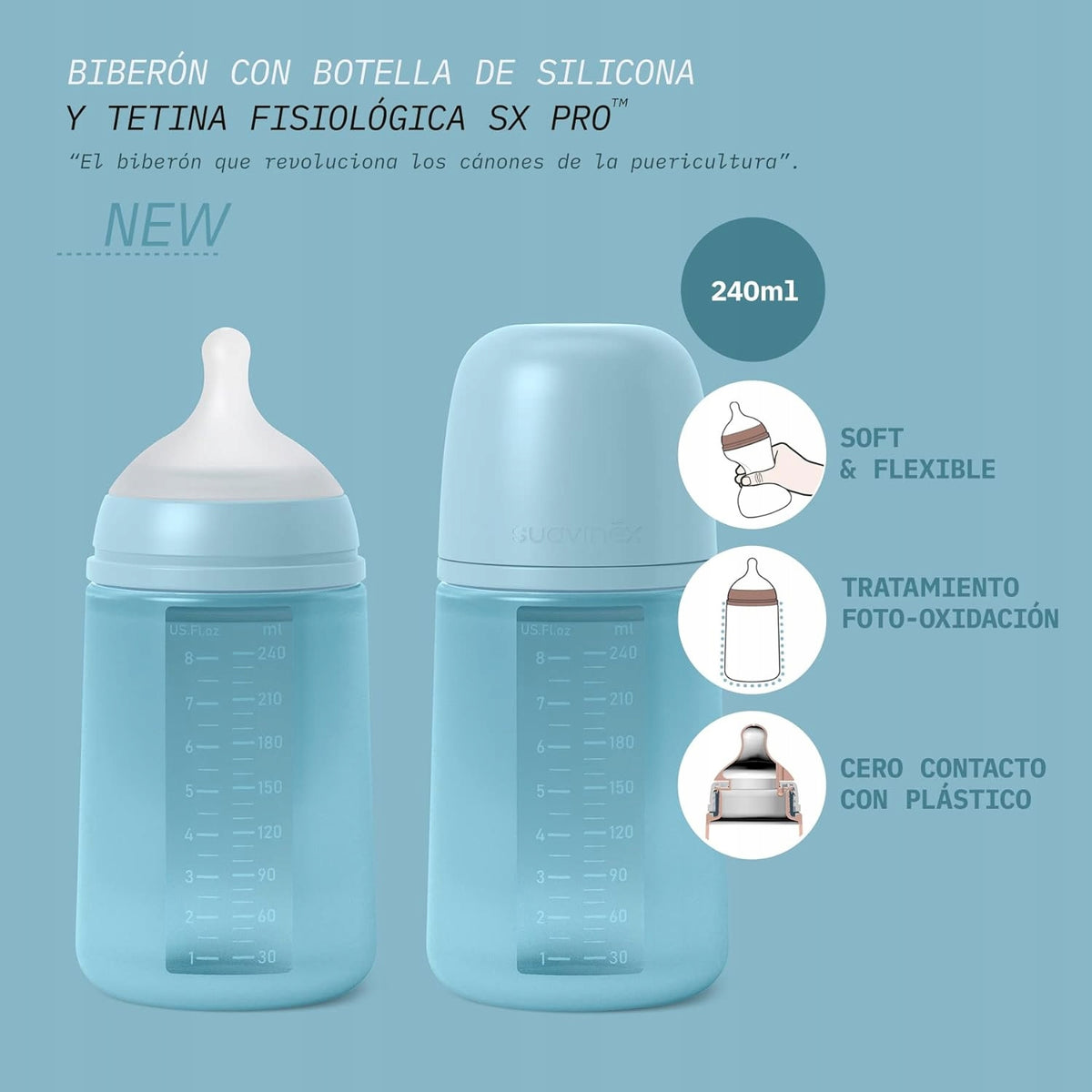 SUAVINEX SELECTION butelka ze smoczkiem symetrycznym SX PRO 240ml 3m+ silikonowa, antykolkowa, bez BPA