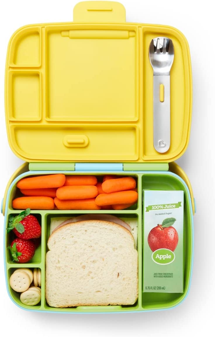 MUNCHKIN Bento Box śniadaniówka + sztućce, 5 komór – żółto-zielony lunch box z przegródkami i sztućcami