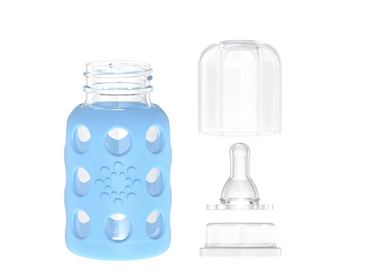 LifeFactory skleněná láhev s obalem 120 ml 3 m+ dudlík 1