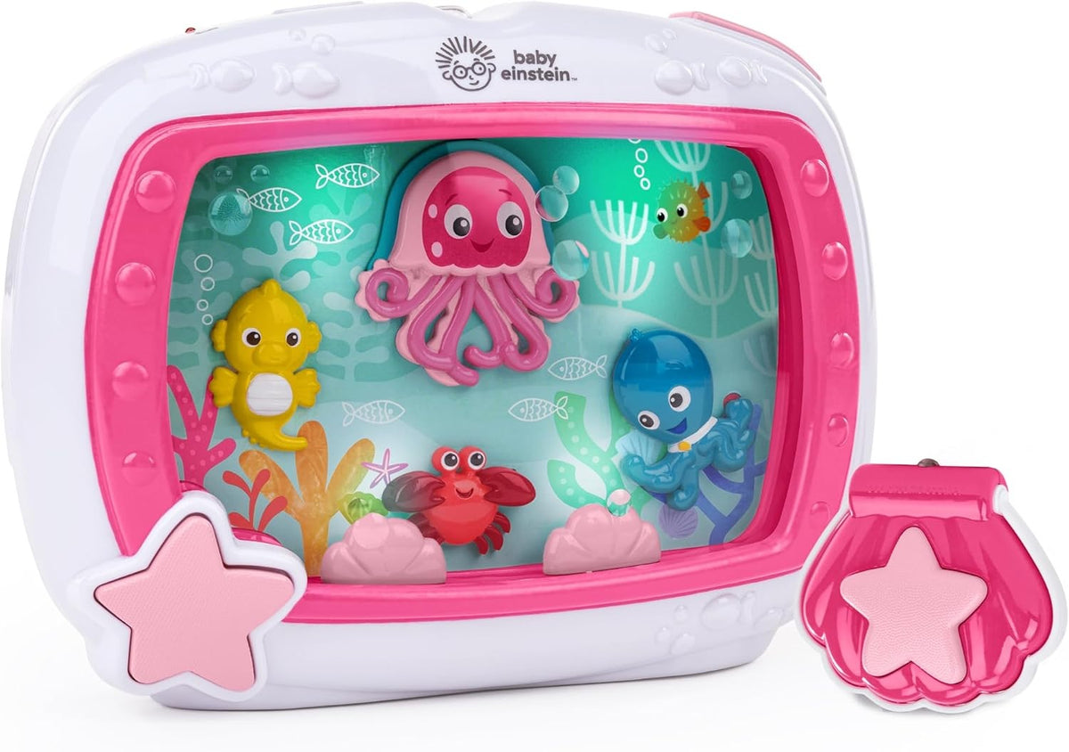 Różowo-biała pozytywka Baby Einstein z ilustracjami morskich zwierząt i pilotem w kształcie gwiazdy.