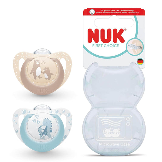 NUK First Choice smoczek uspokajający silikonowy x2 0-6m z etui, misia i konika morskiego