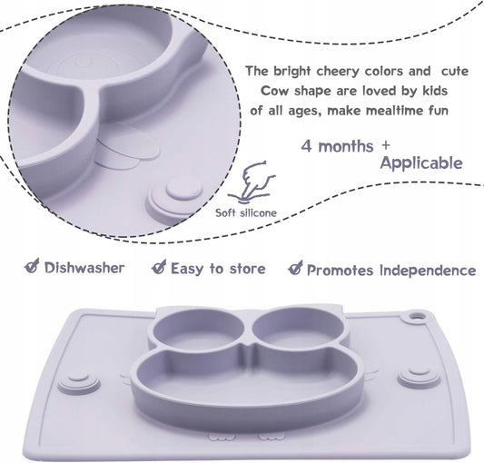 SOWA mata zintegrowana z talerzem trójdzielnym, silikonowa mata dla dzieci, łatwa w myciu i dla 4+ miesięcy