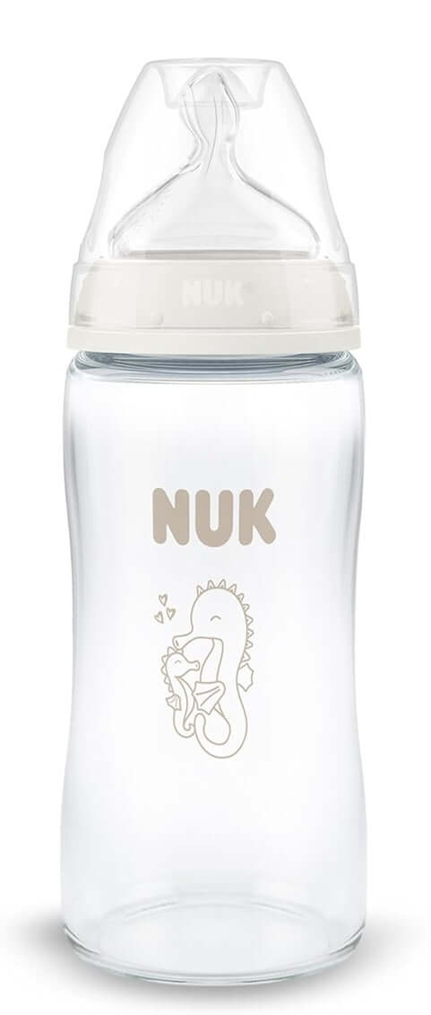 NUK First Choice butelka szklana 240 ml smoczek M 3 m+ KONIK MORSKI, antykolkowa, BPA free