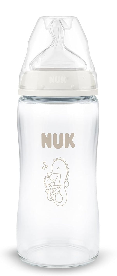 NUK First Choice Glasflasche 240 ml, Größe M, ab 3 Monate, SEEPFERDCHEN