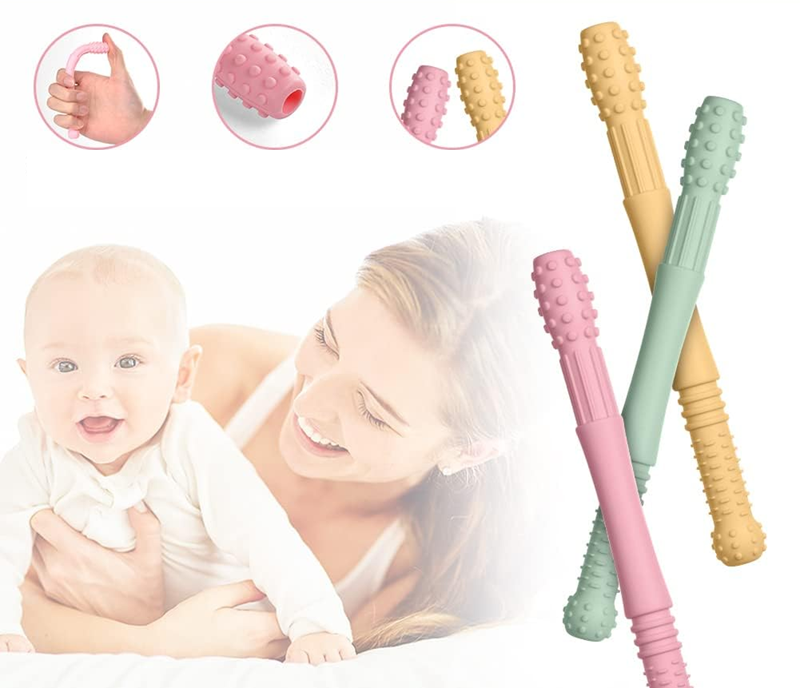 VICLOON inel de dentiție din silicon, set de 4 bucăți + 4 perii de curățare 17 cm