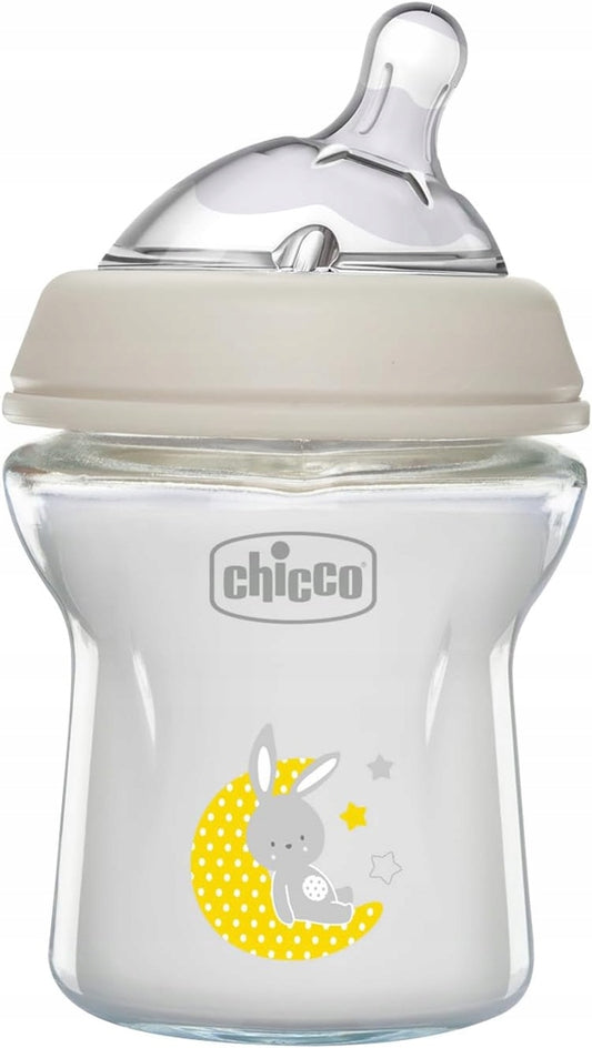 CHICCO butelka NaturalFeeling 150ml SZKŁO, antykolkowa butelka z silikonowym smoczkiem