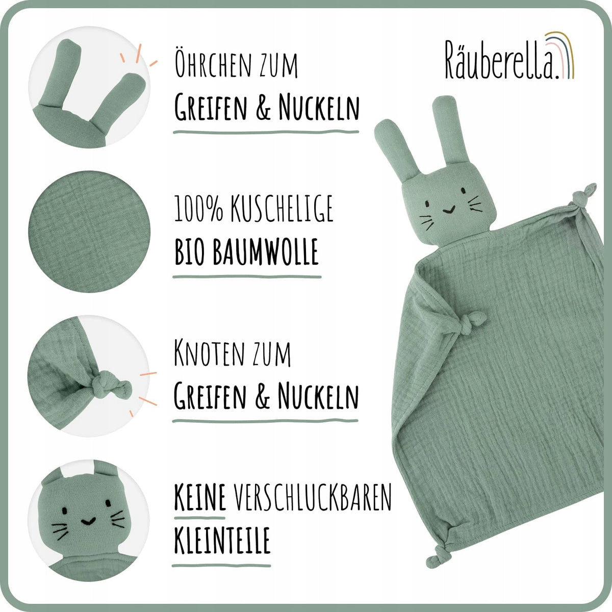 NUDU BABY zestaw muślina KOMFORTER gryzak, zielony, 100% bio bawełna, bezpieczny dla niemowląt