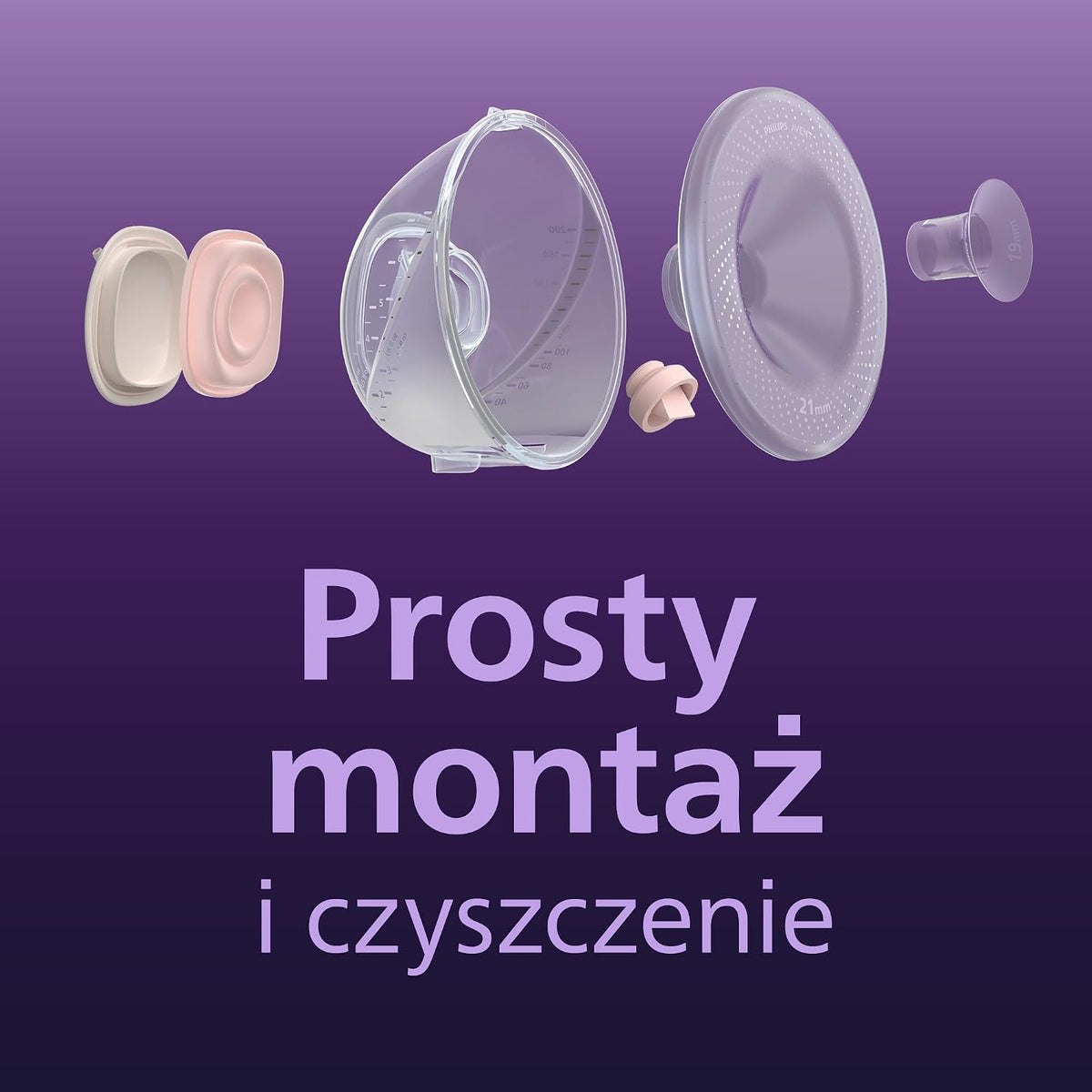 Grafika rozłożonych części muszli Philips Avent Hands-Free na fioletowym tle.