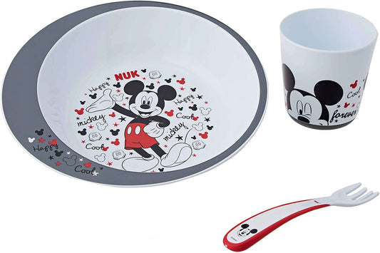 NUK Disney zestaw naczyń 3el. MYSZKA MICKEY talerz, kubek i widelec do nauki jedzenia dla dzieci 9m+