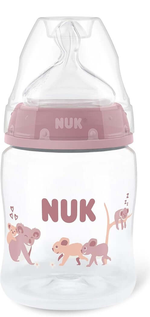 NUK First Choice butelka 150 ml smoczek S wolny przepływ 0+ KOALA, różowa butelka antykolkowa