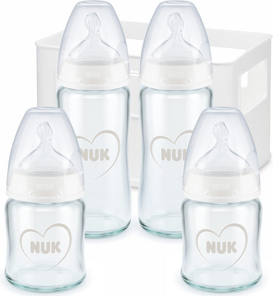 NUK First Choice+ startovací sada 4 SKLENĚNÉ lahve + košík organizér 0-6 m