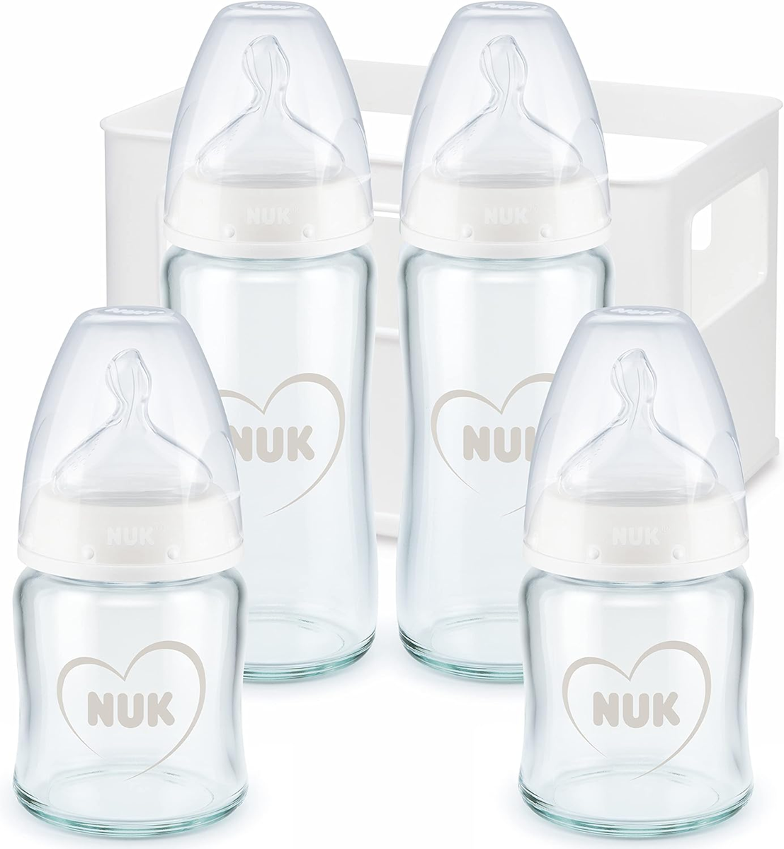 NUK First Choice+ Starter-Set 4 GLASFLASCHEN + Flaschenkorb Organizer 0-6 Monate