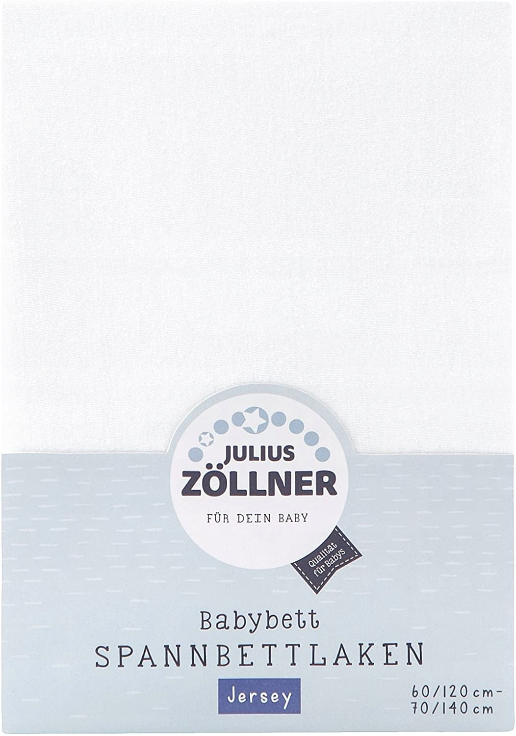 JULIUS ZOLLNER prześcieradło z gumką 60x120 / 70x140 białe jersey do łóżeczka, miękkie i rozciągliwe