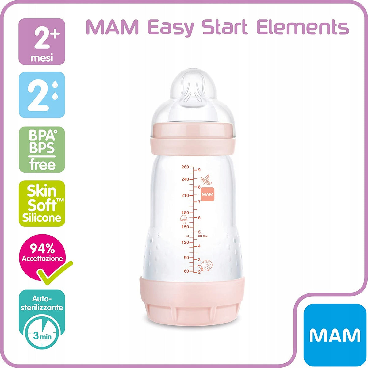 MAM Easy Start butelka antykolkowa 260ml 2m+ z silikonowym smoczkiem, BPA free, auto-sterylizująca