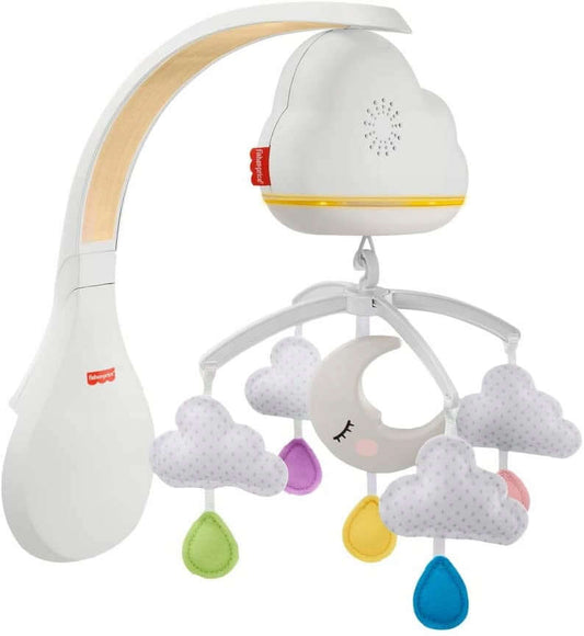 FISHER PRICE karuzela z czujnikiem hałasu, lampka "O dla niemowląt z chmurkami, muzyką i światełkiem