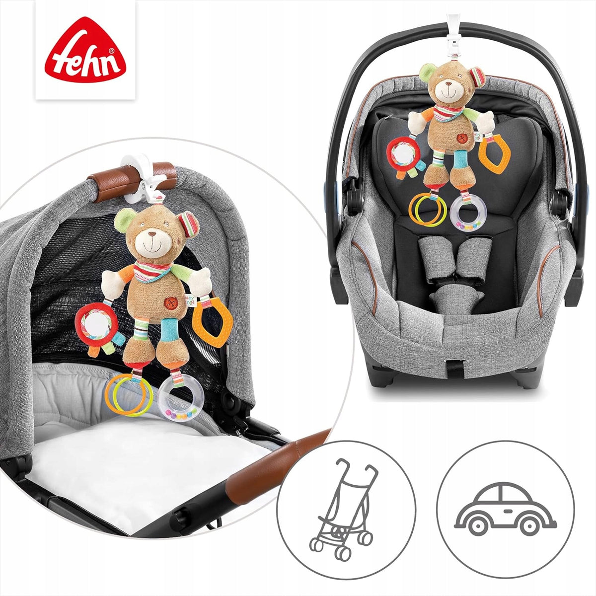 FEHN OSKAR hangend speeltje met rammelaar en grijpelement voor kinderwagen en autostoeltje