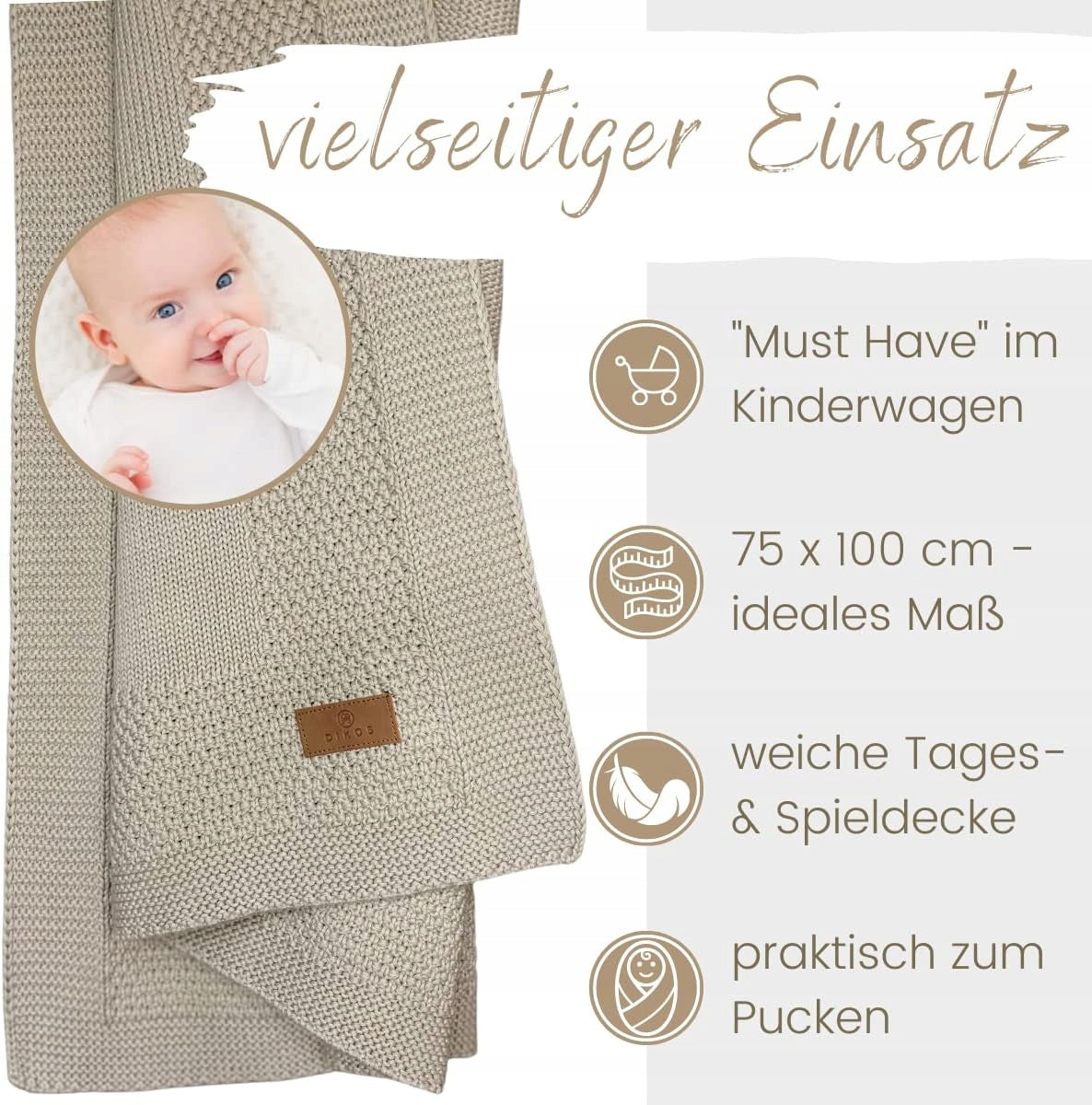 DIKOS kocyk z bawełny ORGANIC 75x100cm miękki, GOTS, do wózka, spania i puchania