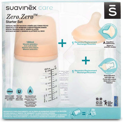 SUAVINEX zestaw startowy ZERO ZERO 180ml  (A) Adaptable Flow 0m+ antykolkowa butelka i smoczek dla noworodka
