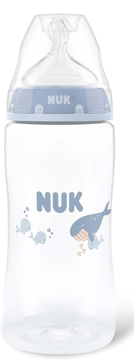 NUK First Choice butelka 300 ml smoczek M średni przepływ 3 m+ WIELORYB, przezroczysto-niebieska
