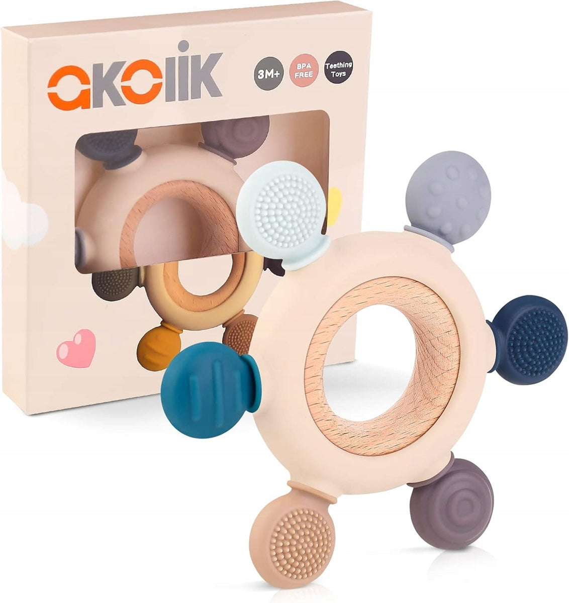AKOLIK Silikon-Holz-Beißring massierend 10,8 cm 3 m+