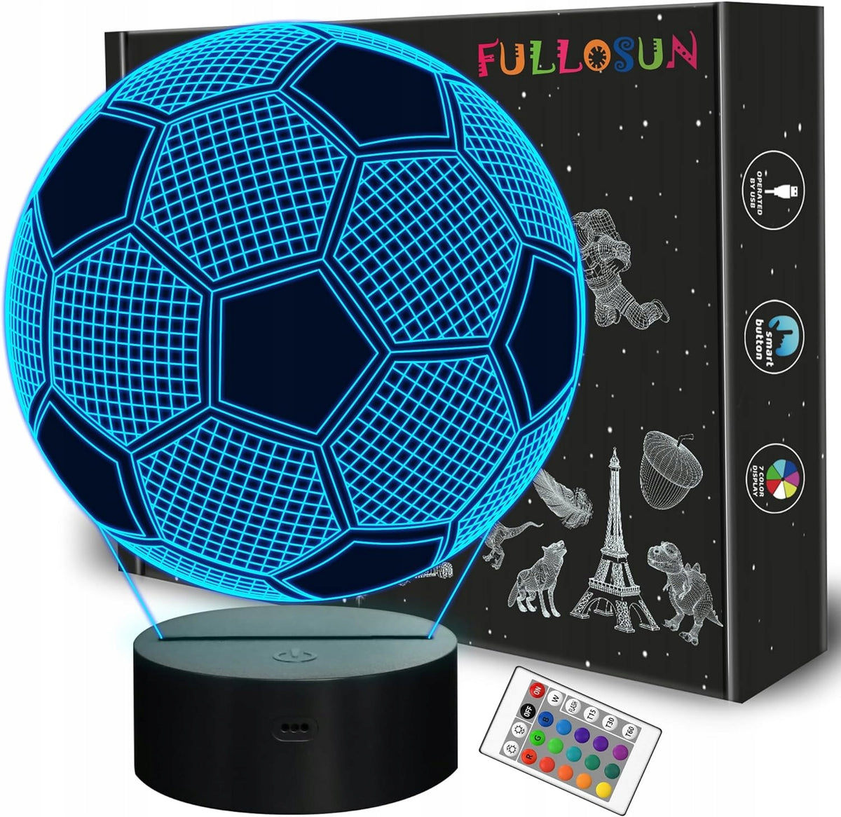 FULLOSUN lampka nocna 3D + pilot PIŁKA NOŻNA 16 kolorów, czarna lampka LED z pilotem