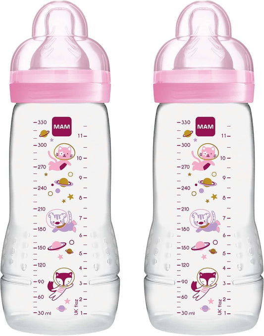 MAM Easy Active zestaw butelek 330 ml 4 m+ smoczek 2 KOSMOS, 2 butelki z miarką i różowym smoczkiem