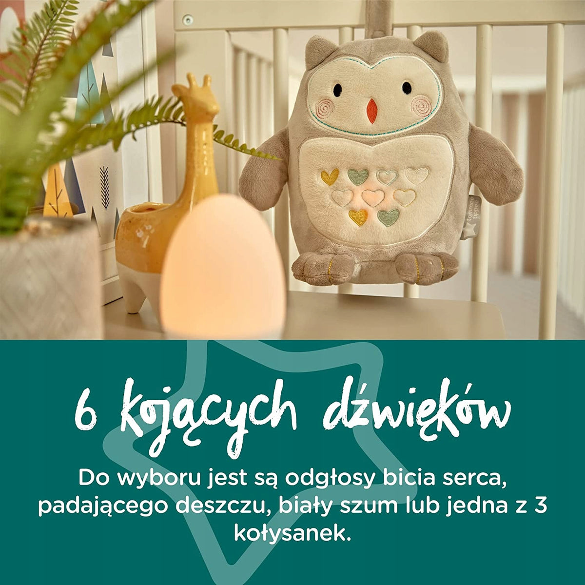 TOMMEE TIPPEE Sowa Ollie PRZYTULANKA lampka dźwięk – szara sowa z 6 kojącymi dźwiękami i nocną lampką