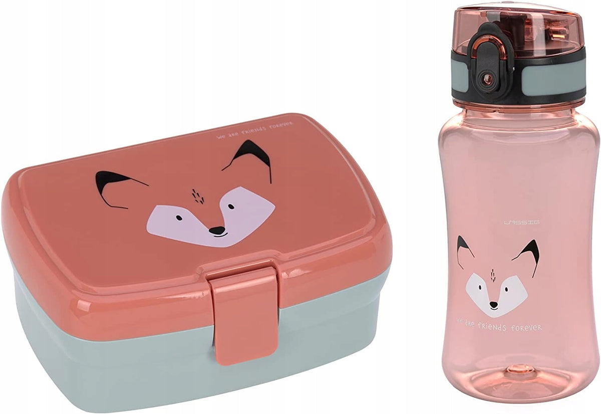 LASSIG zestaw śniadaniowy BIDON śniadaniówka z lisem, czerwony lunchbox i bidon