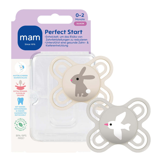 MAM Perfect Start smoczek uspokajający silikonowy 0-2m x2 z króliczkiem i ptaszkiem
