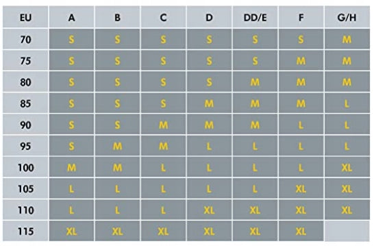 MEDELA top z biustonoszem do karmienia L tabela rozmiarów: EU, A, B, C, D, DD/E, F, G/H