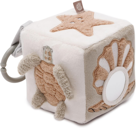 JOLLEIN Activity Cube plyšová závesná kocka s hrkálkou a zrkadielkom 11x11 cm